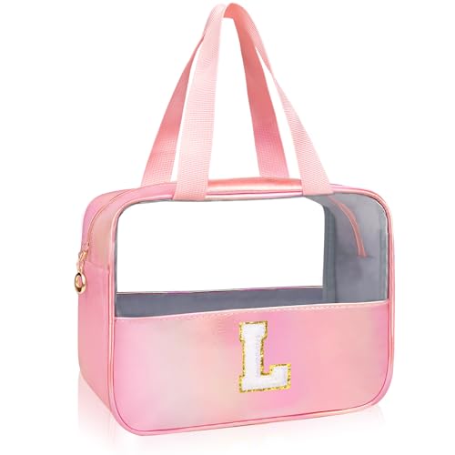 Personalized Initial Clear Makeup Bag Pink Cosmetic Bag Set Large Travel Toiletry Bag, Cute Clear Make Up Bags Organizer Bag for Girlfriend Teacher Gifts Teen Girl Gifts Trendy Stuff L (Pink) - color: Pink, style: L