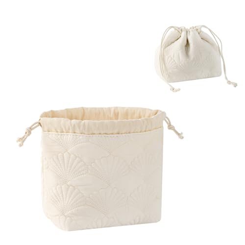 RSRSLEII Quilted Cotton Coquette Drawstring Makeup bag, Coastal Granddaughter Aesthetic Cosmetic Bag, Cute Seashell Portable Travel Toiletry Pouch (Drawstring White) - color: Drawstring White