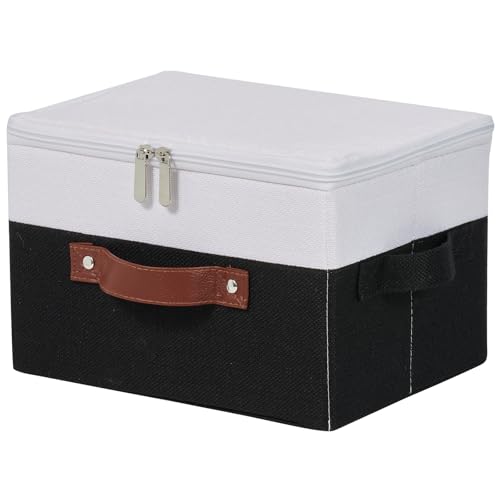 Storage Boxes with Zipper Lid Cotton Linen Fabric Lidded Storage Bins Baskets Foldable Washable Closet Shelf Clothes Organizer Container Faux Leather Handles (Black White, Small) - color: Black White, size: Small ( Set of 1 )