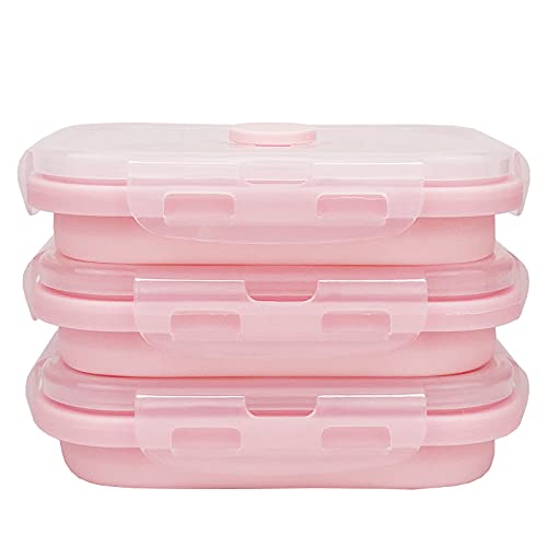 CCyanzi 3piece Collapsible Food Storage Containers with Lids, Silicone Lunch Container, Microwave & Freezer Safe, Space Saving for Kitchen Cabinet and Camping Backpack,(pink) - color: pink