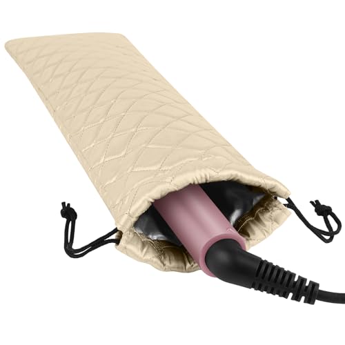 AMIJEAL Heat Resistant Hair Tools Organizer Bag Portable Travel Drawstring Storage Cover Pouch for Hair Straightening Irons, Curling Irons, Flat Irons and Hot Styling Tools(16" x 4.3") - color: Beige