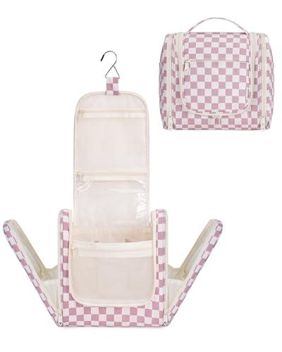 Narwey Hanging Toiletry Bag for Women Travel Makeup Bag Organizer Toiletries Bag for Cosmetics Essentials Accessories - color: ZA-Dusty Pink Checkerboard