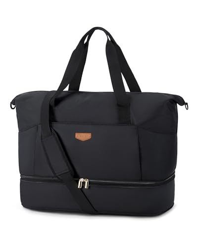 Missnine Weekender Bag for Women, Foldie Travel Bag Expandable with Shoes Compartment Travel Duffel 50L Carry on Overnight Gym - color: Black, size: Basic (1 Pc)