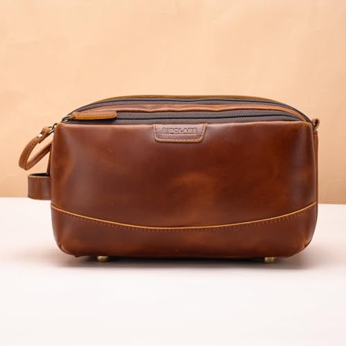 Polare Full Grain Leather Toiletry Bag for Men Large Travel Cosmetic Case Dopp Kit Shaving Kit Wash Pouch with YKK Zippers (Brown) - color: Brown