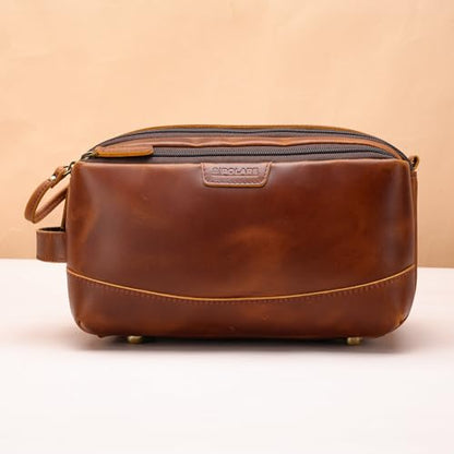 Polare Full Grain Leather Toiletry Bag for Men Large Travel Cosmetic Case Dopp Kit Shaving Kit Wash Pouch with YKK Zippers (Brown) - color: Brown