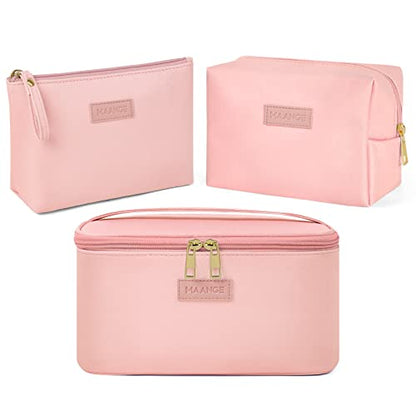 MAANGE Travel Makeup Bag - Large Makeup Bag with 2pcs Small Makeup Bag Portable Leather Cosmetic Bag Toiletry Bag Make Up Bags for Women and Girls (Pink) - color: Pink