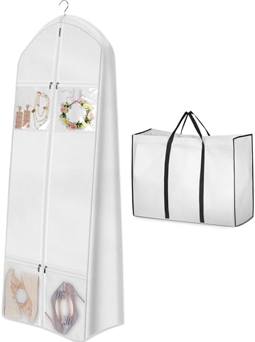 MISSLO Portable 70" Wedding Dress Garment Bag with Bride Tote Bag 8'' Gusseted Dress Bags for Gowns Long 4 Pockets Dress Cover for Women, White - color: White, size: 70 inch