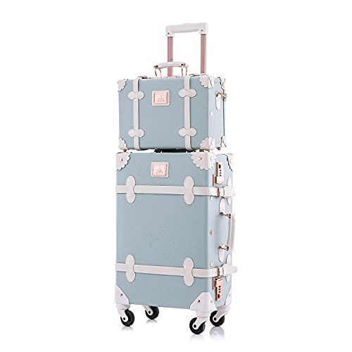 UNIWALKER Vintage Luggage Set, 2 Piece Women Carry on Trolley Suitcase with Spinner Wheels, Handcraft Leather Travel Bag with Cosmetic Train Case, 20"+12", Embossed Blue - color: embossed blue, size: 20in+12in