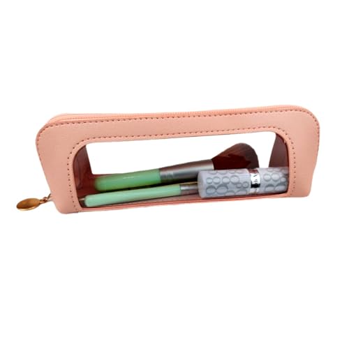 Small Clear Makeup Brush Bag with Zipper, PU Leather Travel Makeup Brush Case, Portable Waterproof Cosmetic Bag （Pink） - color: Pink