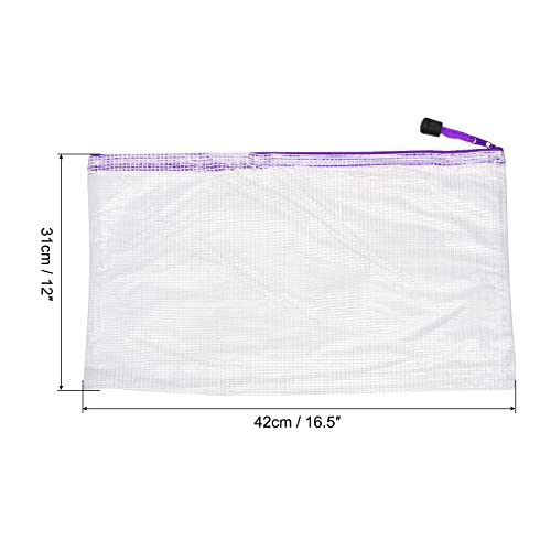 MECCANIXITY Mesh Zipper Bags, A3 Size Plastic Zip File Pouch Document Folders for Home Office Travel, Purple Pack of 3 - color: Purple