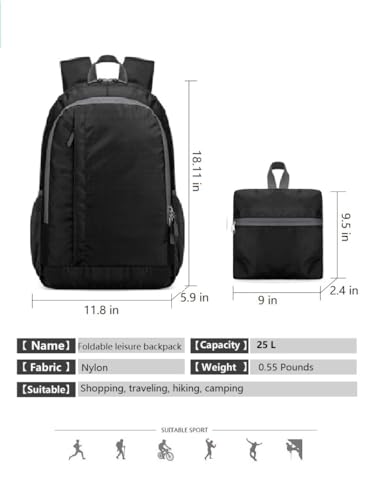 Ultra Lightweight-Packable-Hiking-Backpack Small Foldable Travel Camping Daypack Casual Outdoor Water-resistant 25L Backpacks (Black) - color: Black