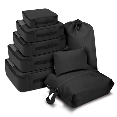 SDGFUI 8 PCS Compression Packing Cubes for Travel Women, Compression Organizer for Luggage Space Saving Travel Essentials and Carry on, Luggage Organizer Bags for Suitcase - Black - color: Black, size: 8 Set