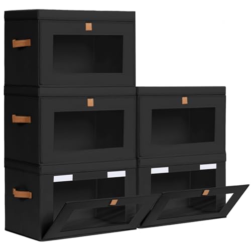 Homsorout Large Closet Storage Bins - Collapsible Clothes Organizer with Handles & Window, Decorative Boxes with Lids, Linen Closet Organizers for Living Room, Dorm, 5 Pack, Black - color: Black, size: Large - 5 Pack