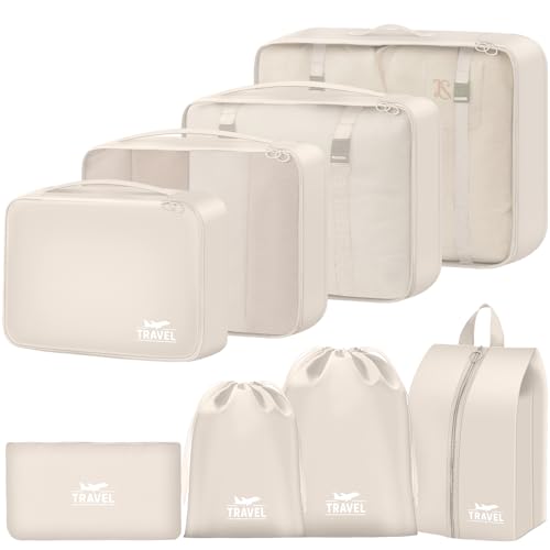 8 Set Packing Cubes for Travel Suitcase Organizer Bags Luggage Packing Cubes Set Travel Essentials Accessories Gifts for Women - color: Beige