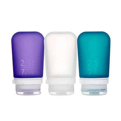 humangear GoToob+ Bottles - Silicone Leak-Proof Travel Tubes for Toiletries, Camping & TSA Carry-On (3-Pack), Medium (2.5 fl oz; 74ml), Clear/Purple/Teal - color: Purple/Clear/Teal, size: 2.5 Ounces