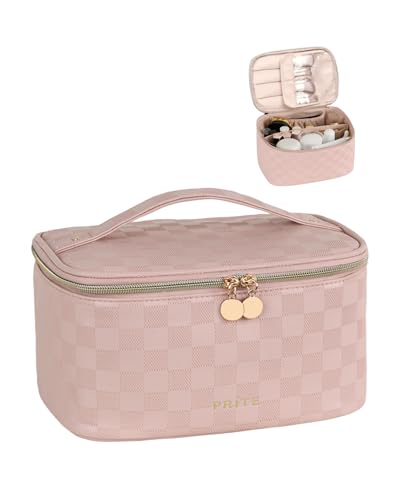 Prite Makeup Bag, Large Capacity Cosmetic Bag for Women and Girls, Waterproof PU Leather Travel Case with Handle, Divider for Skincare and Brushes - Checkered Pink - color: Checkered Pink