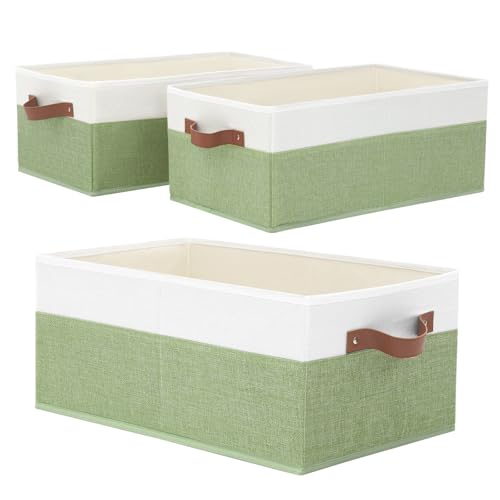 3 Pack Large Capacity Storage Bins Closet Organizer for Shelves, Fabric Closet Storage Baskets Boxes with Leather Handles for Organizing Clothes, Sheets, Jeans, Toys, Books (Green) - style: 3 Pack Green & White