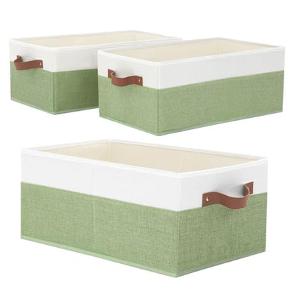 3 Pack Large Capacity Storage Bins Closet Organizer for Shelves, Fabric Closet Storage Baskets Boxes with Leather Handles for Organizing Clothes, Sheets, Jeans, Toys, Books (Green) - style: 3 Pack Green & White