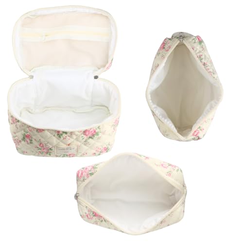 NATINSA Cute Makeup Bag for Women(2 Pcs), Travel Cosmetic Bags, Quilted Coquette Aesthetic Floral Toiletry Organizer Bag (21 - Pink Flower) - color: 21 - Pink Flower