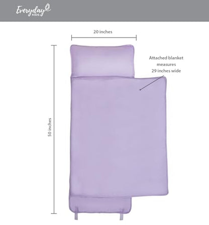 EVERYDAY KIDS Nap Mat with Removable Pillow - Lavender - Carry Handle with Straps Closure, Rollup Design, Soft Microfiber for Preschool, Daycare, Travel Sleeping Bag - Ages 3-6 Years - color: Purple