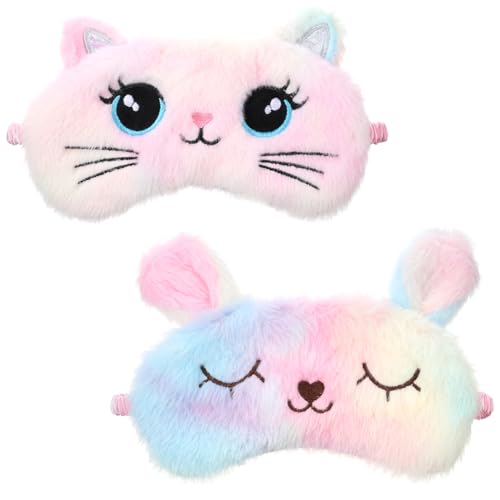 Plush Sleep Mask, 2 Pcs Cute Soft Sleeping Eye Mask Colorful Plush Eye Covers for Sleeping Comfortable Funny Animal Night Sleep Masks for Women Home Travel Sleepover Party (Cat, Rabbit) - color: Colorful, style: Cat, Rabbit