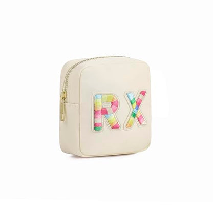 Small Nylon Rx Medicine Bag, Cute Waterproof Chenille Letter Patch Drug Makeup Bag with Metal Zipper, Pill Bag for Purse, Mini Travel First Aid Purse Organizer Machine Washable (08Beige RX) - color: 08Beige RX