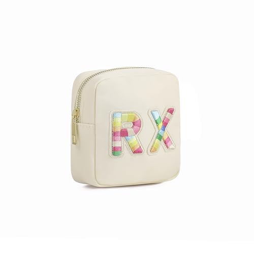 Small Nylon Rx Medicine Bag, Cute Waterproof Chenille Letter Patch Drug Makeup Bag with Metal Zipper, Pill Bag for Purse, Mini Travel First Aid Purse Organizer Machine Washable (08Beige RX) - color: 08Beige RX