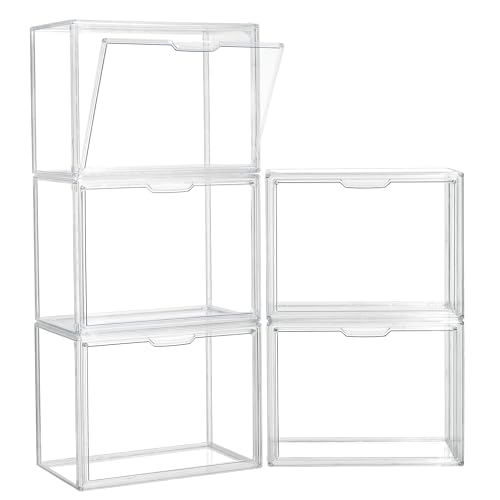ZLLZUU Clear Storage Bins with Lids, 5 Pack Acrylic Display Case with Magnetic Door for Cosmetic Collectibles Large Figures Models, Stackable Acrylic Storage Box for Home Office Living Room Dorm - size: 5-pack