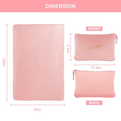 Travel Blanket and Pillow Set, 300 GSM Soft Fleece, 60x43 Inches, 3-in-1 Compact with Bag, Pink - color: Pink
