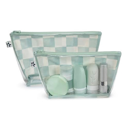 Tiny Twinkle Diaper Bag Organizing Pouches | 2 Pack Mess-Proof Travel Organizer Bags with Structured Bottom & Clear Front | TSA Approved Toiletry Bag Set for Baby and Mom Essentials (Sage Checkers) - color: Sage Checkers