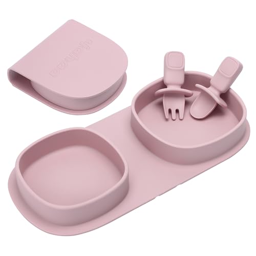 Silicone Foldable Novelty Dinner Plates, Baby Plates Travel Essential with Forks and Spoons, Microwave & Dishwasher Safe, Matte Pink - color: Matte Pink, style: No-Suction