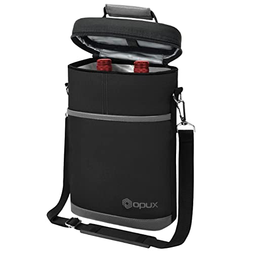 OPUX 2 Bottle Wine Carrier Tote, Insulated Leakproof Wine Cooler Bag, Wine Travel Bag Tote for Picnic BYOB Beach, Portable Wine Bottle Carrying Case, Gift for Wine Lover Women Men Christmas, Dark Grey - color: Dark Gray