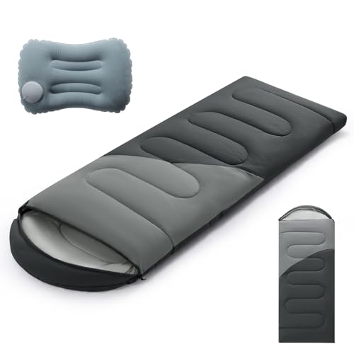 Camping Sleeping Bag for Adults 3-4 Season, Cold Weather Rated Sleeping Bag Waterproof Windproof with Inflatable Pillow, Breathable Foot Zipper, Soft Brushed Fabric, Portable for Outdoor Hiking Travel - color: Dark Grey