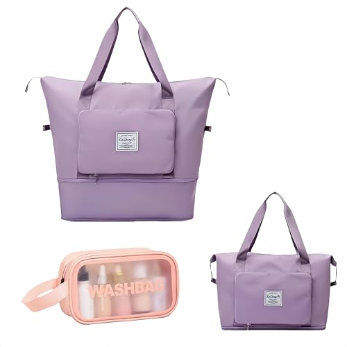 Large Capacity Foldable Travel Bag, Expandable lightweight Carry on Bag, Dry with Wet Separation Spor Duffel Bags (Purple+Toiletry Bag) - color: Purple+Toiletry Bag