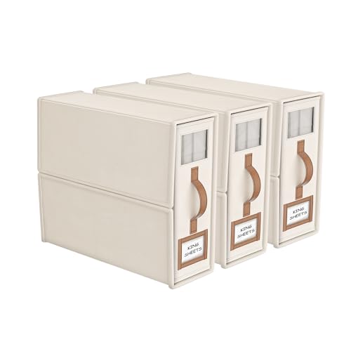 3 Pack Foldable Bed Sheets Set Organizers and Storage(King & Queen Size),Linen Fabric Closet Organizers with Window,Folding Bedding Storage Box for Bedsheets and Pillow Cube Organizer-Beige - color: Beige, size: 3 Pack-King Size-3.7 Gal