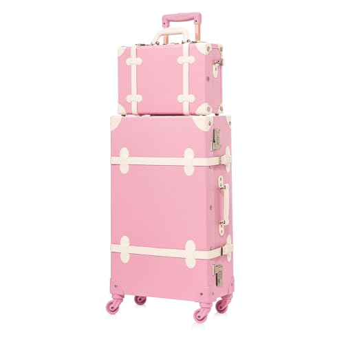 UNIWALKER Vintage Suitcase Set for Women, 2 Piece Retro Spinner Trunk Luggage with Cosmetic Handbag, 24"+12", Rose Pink - color: rose pink, size: 24in+12in