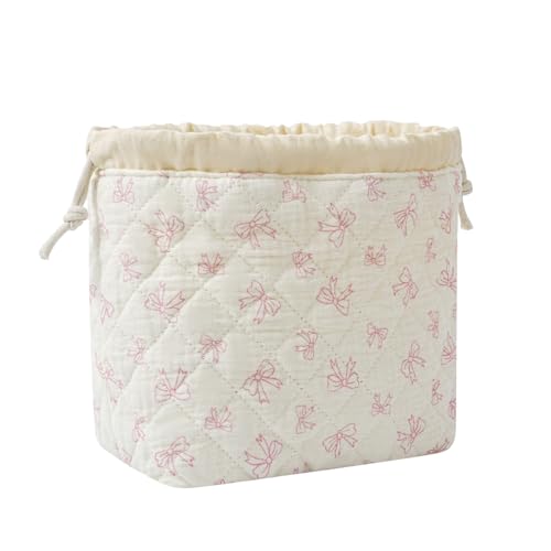 Cotton Quilted Drawstring Makeup Bag with Canvas Lining,Coquette Aesthetic Cute Travel Toiletry Bag,Drawstring Gift Bag for Women and Girls（12White Small Bow） - color: 12White Small Bow