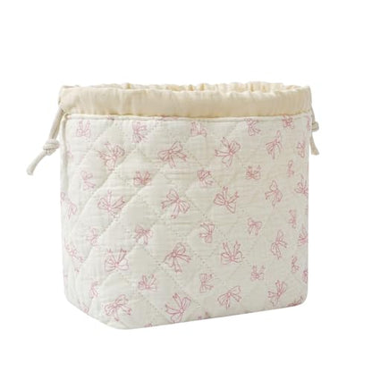 Cotton Quilted Drawstring Makeup Bag with Canvas Lining,Coquette Aesthetic Cute Travel Toiletry Bag,Drawstring Gift Bag for Women and Girls（12White Small Bow） - color: 12White Small Bow