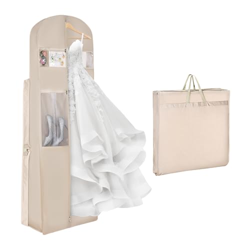 Univivi Portable Wedding Dress Garment Bag, 72 Inch Trifold Bridal Dress Bags for Gowns Long with 12'' Gusseted and Accessory Pockets, Dress Cover for Wedding Dress, Evening Gowns (Beige) - color: Beige