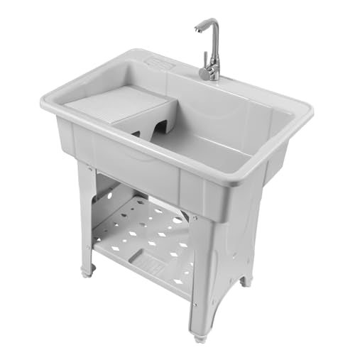 Freestanding Plastic Laundry Sink with Washboard for Hand Washing Clothes, Washing Room Laundry Tub Sink w/Faucet and Drain Kit for Basement Garage Laundry Room (Gray, 22.05"D x 31.5"W x 31.5"H) - color: Gray, size: 22.05"D x 31.5"W x 31.5"H