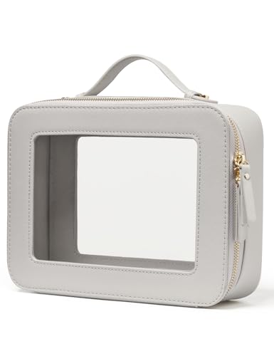 Popvibe Clear Makeup Bag Travel Cosmetic Case Transparent Toiletry Bag with Zipper, Portable Make Up Organizer Traveling Compact Car Bag for Essentials - color: Beige Grey, style: Large Luxe