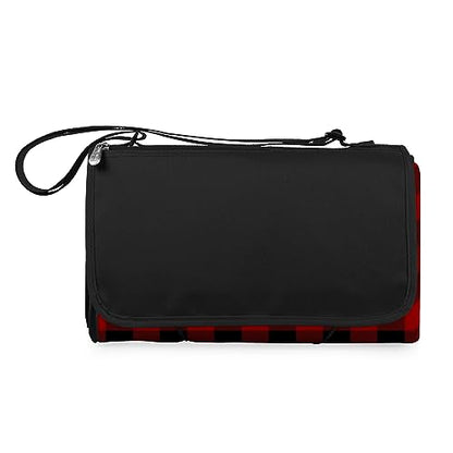 PICNIC TIME Outdoor Picnic Blanket Tote, 59"x51" Foldable Beach & Camping Blanket with Soft Fleece, Water-Resistant Bottom, Adjustable Strap & Zippered Pocket (Red & Black Buffalo Plaid) - color: Red/Black Buffalo Plaid