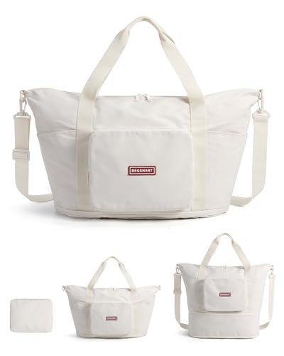 BAGSMART Foldable Travel Bag, 37L Expendable Personal Item Bag, Lightweight Weekender Bags for Women, Water Resistant Extra Carry on for Travel, White - color: Ivory White