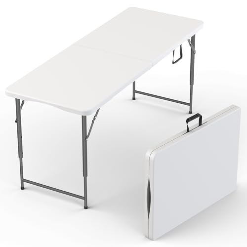 5.5 Feet ADJUSTABLE Foldable Table with Built in Handle & Steel Legs | 5.5FT Heavy Duty Folding Portable | Perfect for Party, Dining, Wedding, Events, Picnic Indoor, Outdoor, Camping, Utility, Folding - color: White, size: 5.5 FT