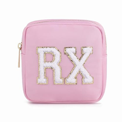 uekeboag Personalized Small Nylon Rx Cosmetic Bag, Cute Chenille Letter Patch Medicine Drug Pouch with Zipper,Preppy Makeup Travel Vitamin Bag for Women and Girls (Light Pink) - color: Light Pink