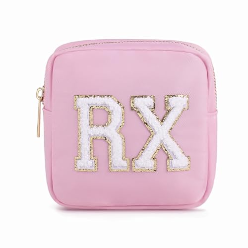 uekeboag Personalized Small Nylon Rx Cosmetic Bag, Cute Chenille Letter Patch Medicine Drug Pouch with Zipper,Preppy Makeup Travel Vitamin Bag for Women and Girls (Light Pink) - color: Light Pink