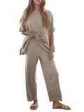 Tankaneo Women's 2 Piece Travel Outfits Casual Short Sleeve Knit Sweater Set Wide Leg Pants Lounge Sets Tracksuit - color: Khaki, size: Medium