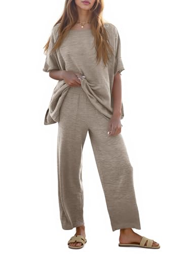 Tankaneo Women's 2 Piece Travel Outfits Casual Short Sleeve Knit Sweater Set Wide Leg Pants Lounge Sets Tracksuit - color: Khaki, size: Large