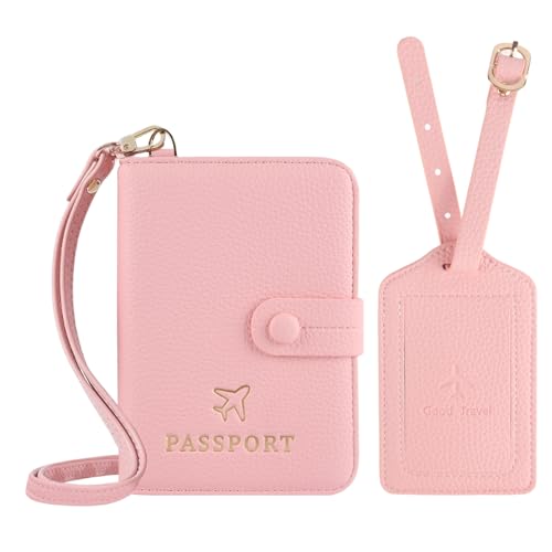 Boutilon Leather Passport Holder Covers Case with Neck Lanyard and Luggage Tag Waterproof RFID Blocking Travel Wallet Solid Color Passport Organization for Women and Men (Cherry Pink) - color: Cherry Pink