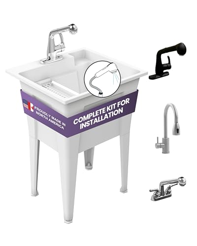 Freestanding Utility Sink with One Handle Chrome Faucet - 24" Plastic Utility Sink for Garage, Laundry, Indoor and Oudoor Use - Laundry Tub Kit by Noah William Home - White (19.5 gal) - color: White - One handle chrome faucet
